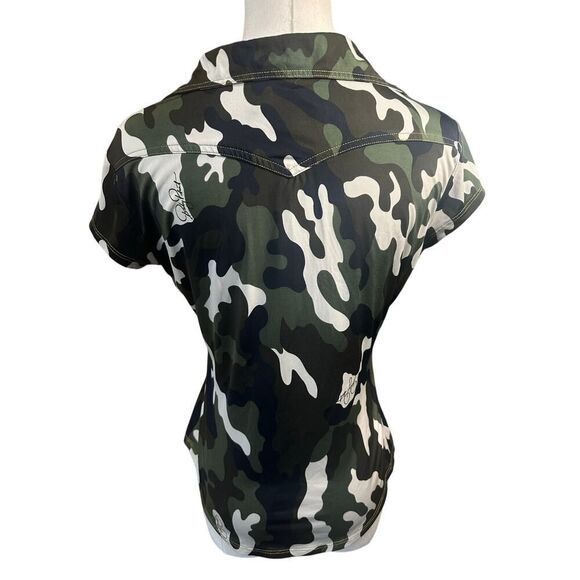 VINTAGE Baby Phat Y2K Authentic Women’s Medium Camo Logo Bling Short Sleeve Top - Picture 3 of 16